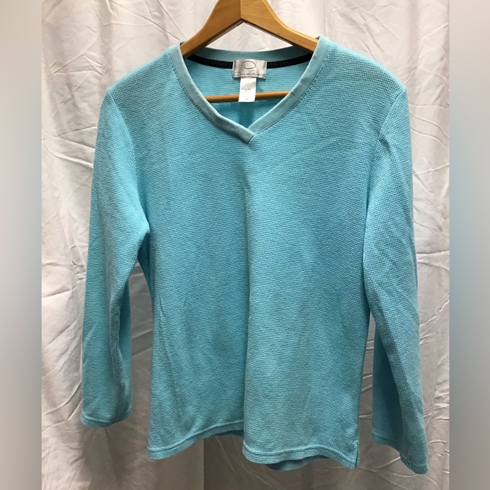 Oscar de la Renta Aqua Blue V-Neck Loungwear Top